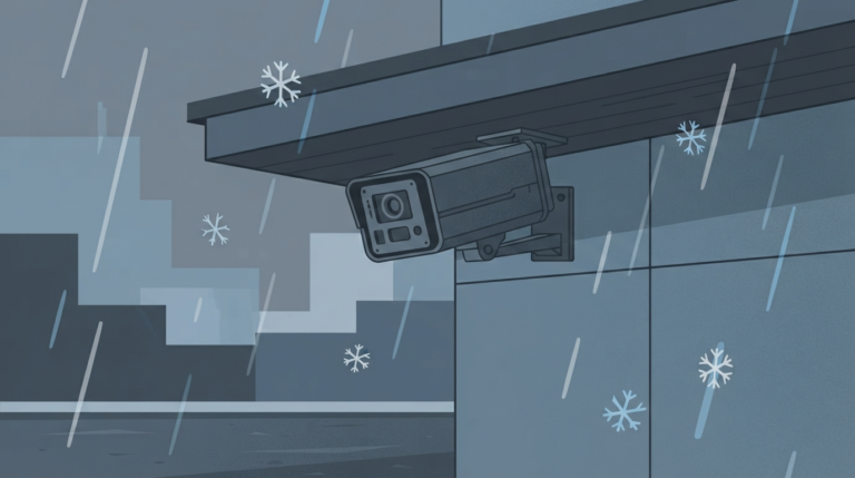 Illustration of an outdoor security box camera mounted on an exterior wall