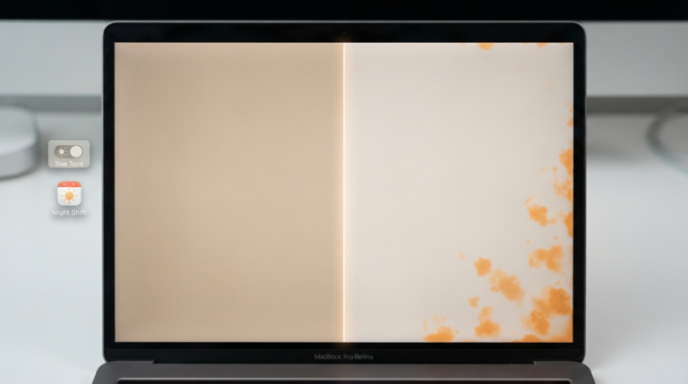 Illustration of a MacBook screen showing orange discoloration patches