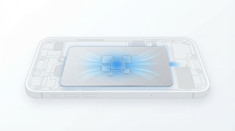 Illustration of heat spreading through a sealed vapor chamber inside a smartphone