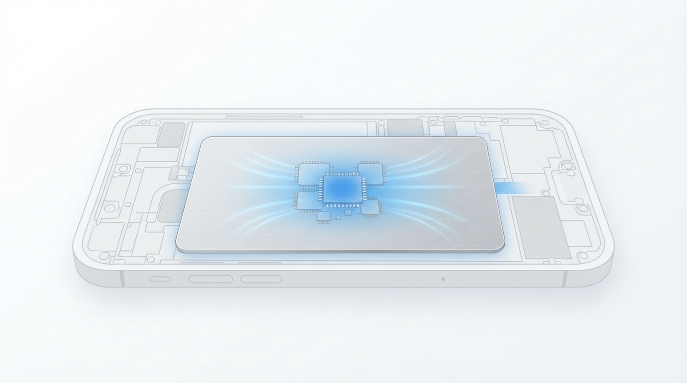 Illustration of heat spreading through a sealed vapor chamber inside a smartphone