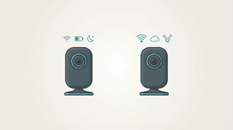 Illustration comparing two generations of wireless security cameras