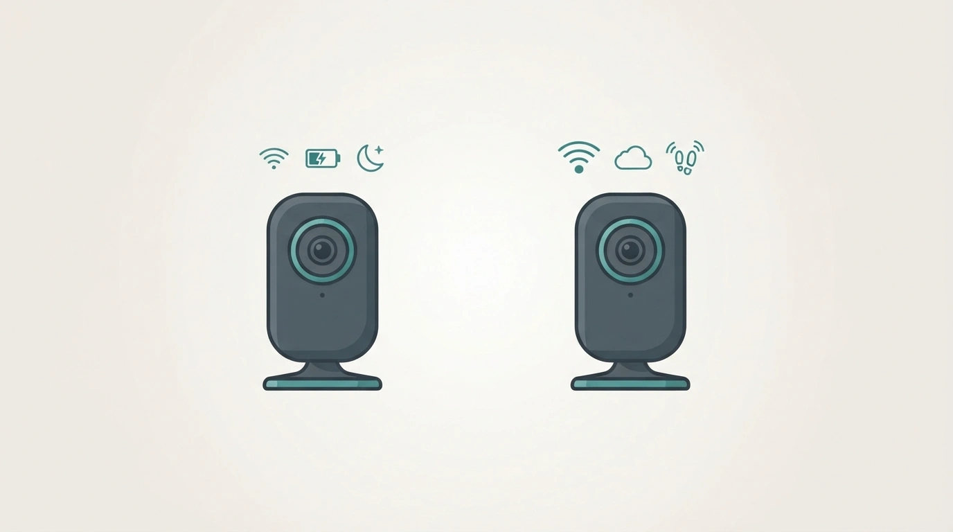 Illustration comparing two generations of wireless security cameras