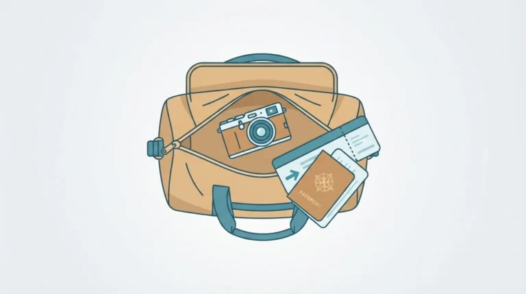 Illustration of a compact mirrorless camera packed for travel