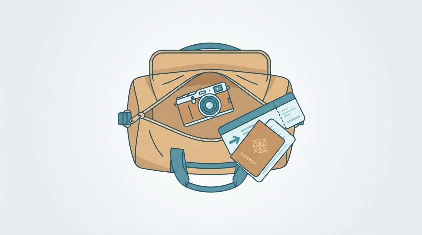 Illustration of a compact mirrorless camera packed for travel