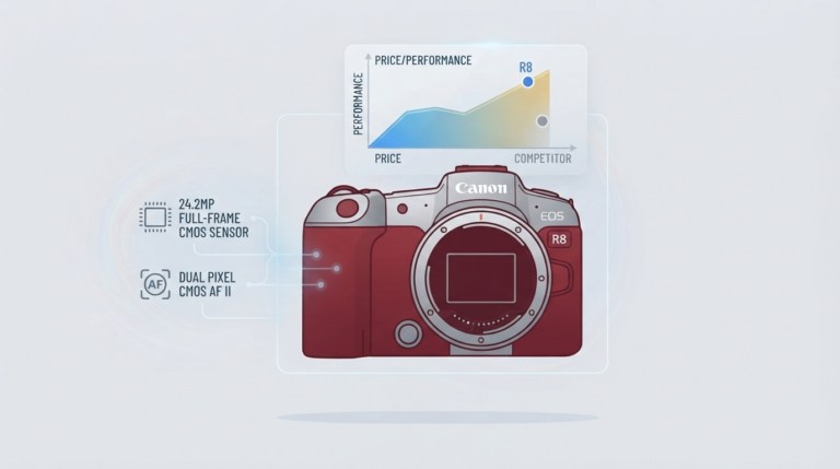 A minimalist vector illustration of the Canon EOS R8 camera body with subtle graphic callouts for its 24.2MP full-frame sensor and autofocus capabilities, maintaining a professional tech blog aesthetic with a soft light neutral background.