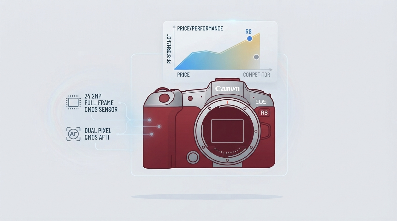 A minimalist vector illustration of the Canon EOS R8 camera body with subtle graphic callouts for its 24.2MP full-frame sensor and autofocus capabilities, maintaining a professional tech blog aesthetic with a soft light neutral background.