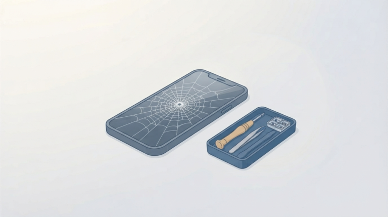 Illustration of a cracked smartphone screen being repaired