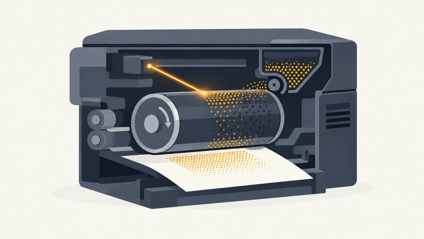 Illustration of toner powder being fused onto paper inside a laser printer