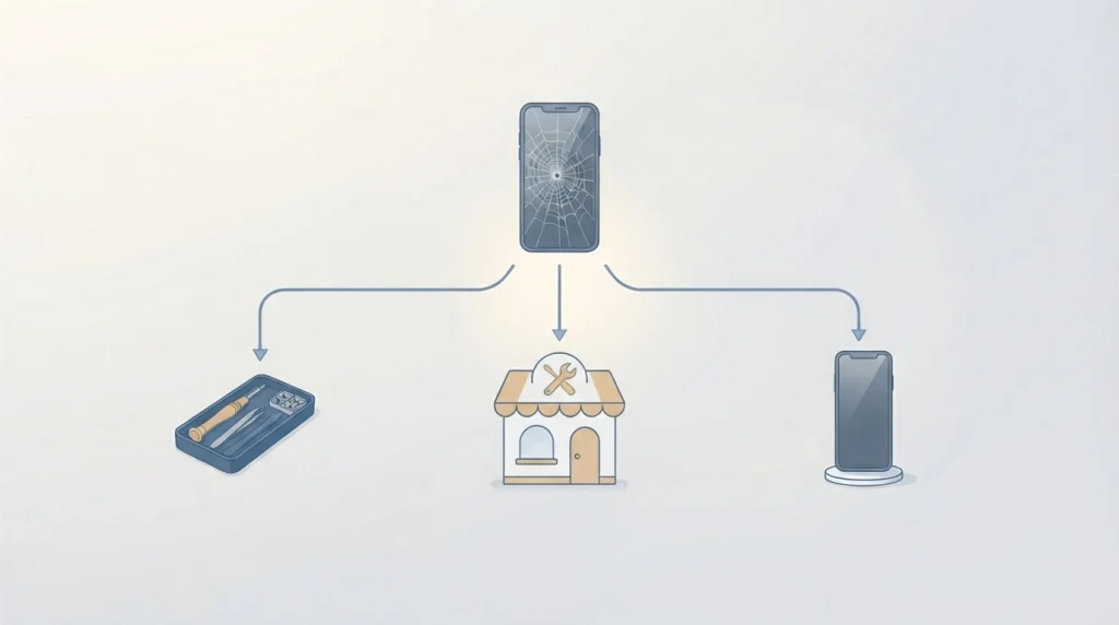 Decision flowchart for choosing between DIY repair, professional repair, or phone replacement
