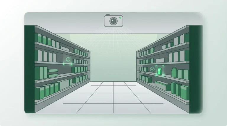 Illustration of AI-powered cameras monitoring a retail store for inventory and loss prevention
