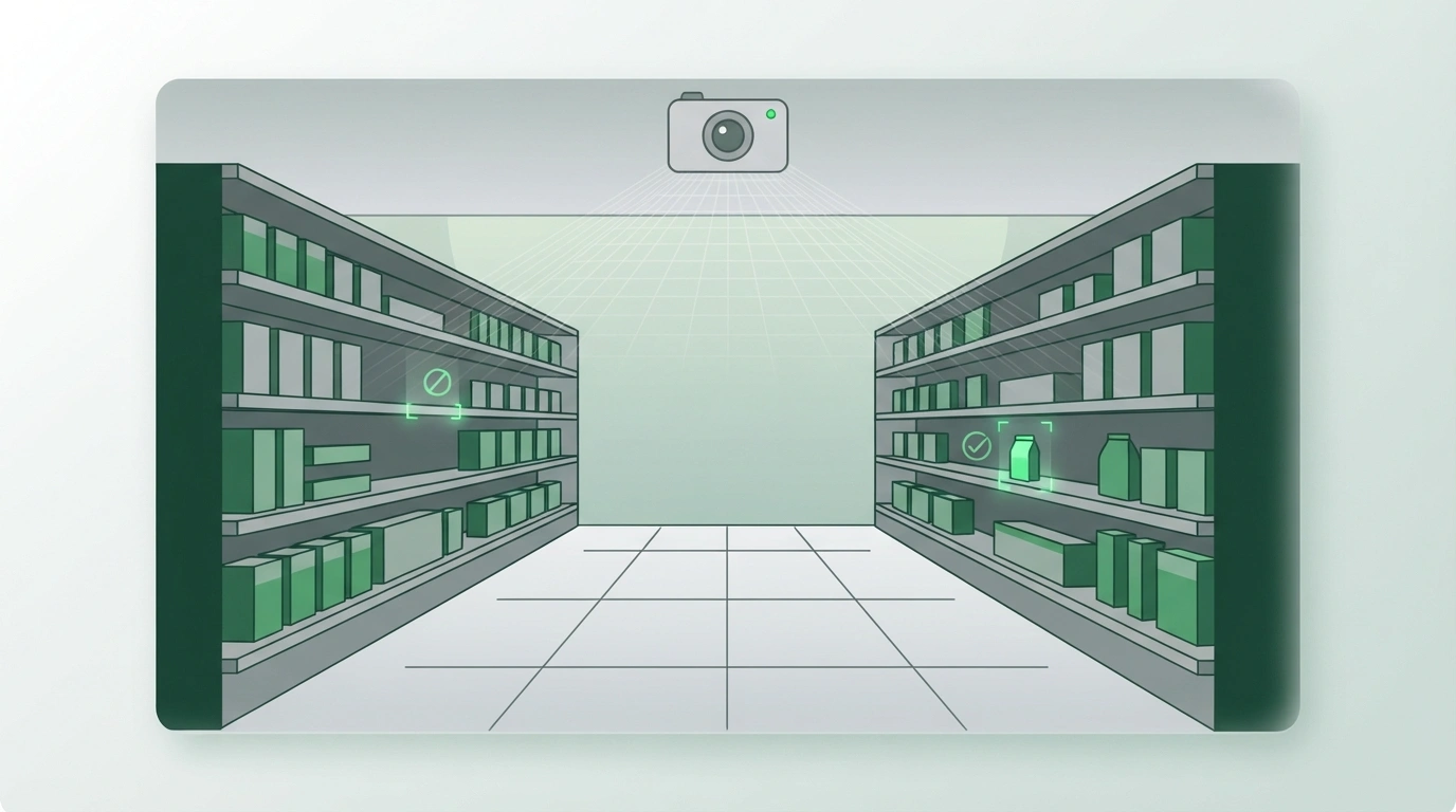 Illustration of AI-powered cameras monitoring a retail store for inventory and loss prevention