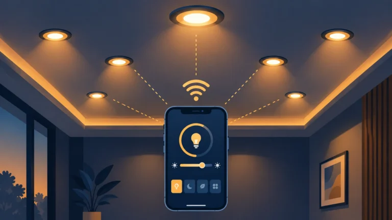 Illustration of smart recessed lights installed in a ceiling with app control