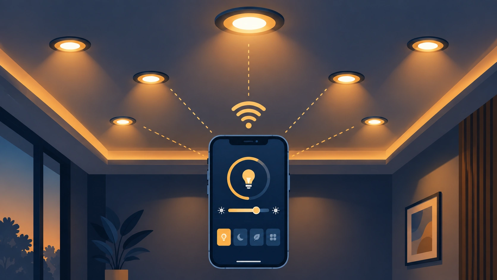 Illustration of smart recessed lights installed in a ceiling with app control