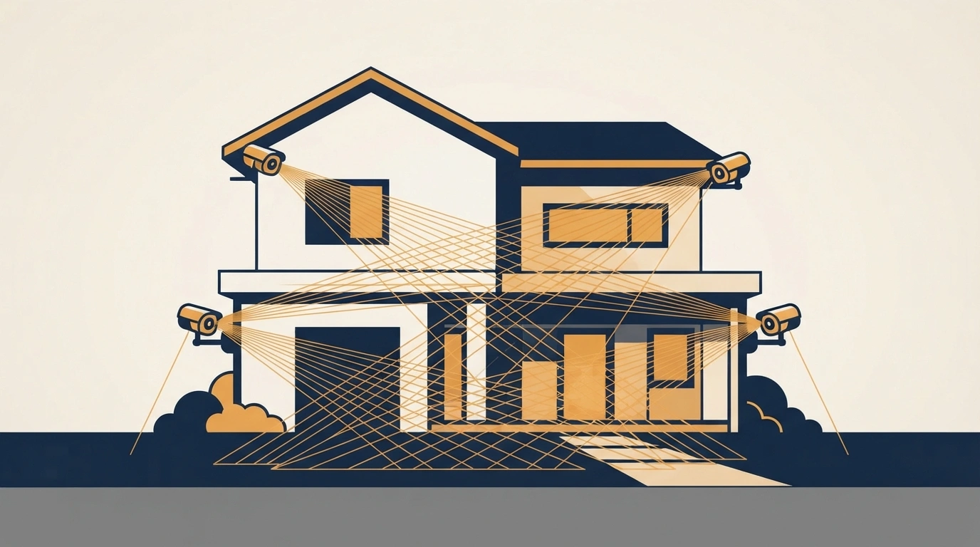 Illustration of security cameras being installed and positioned around a property