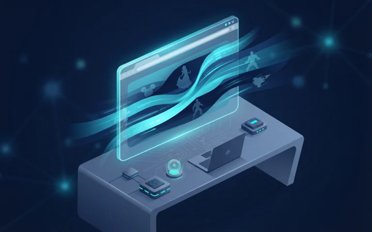 A 3D isometric high-tech visualization showing animated character silhouettes emerging from a sleek digital browser streaming interface.