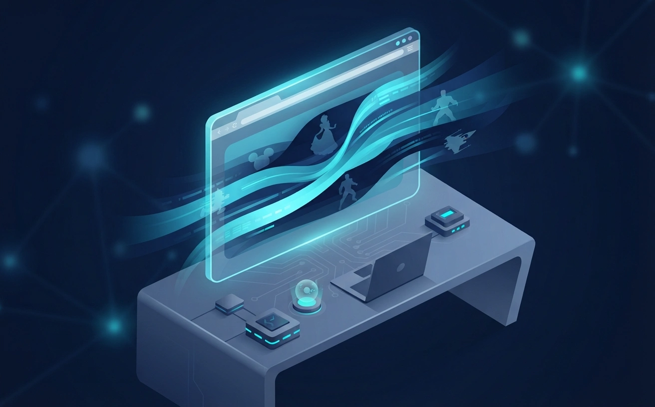 A 3D isometric high-tech visualization showing animated character silhouettes emerging from a sleek digital browser streaming interface.