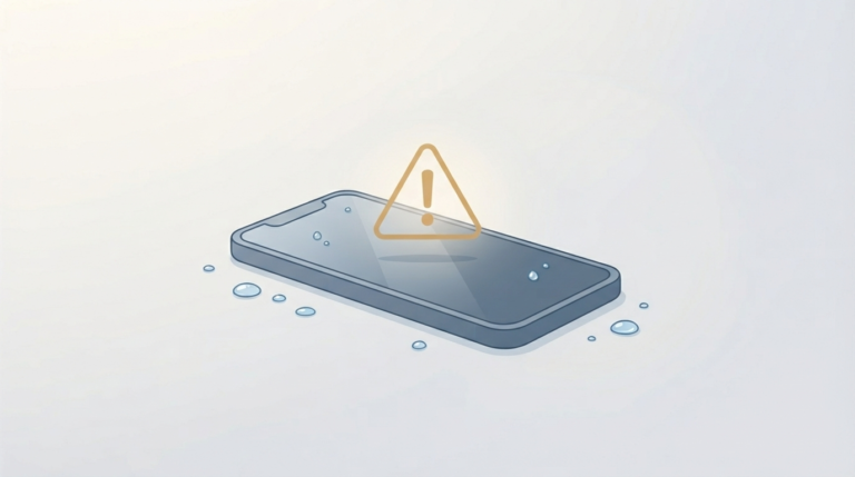 Illustration of a smartphone with water droplets representing liquid damage