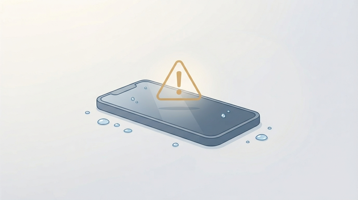 Illustration of a smartphone with water droplets representing liquid damage