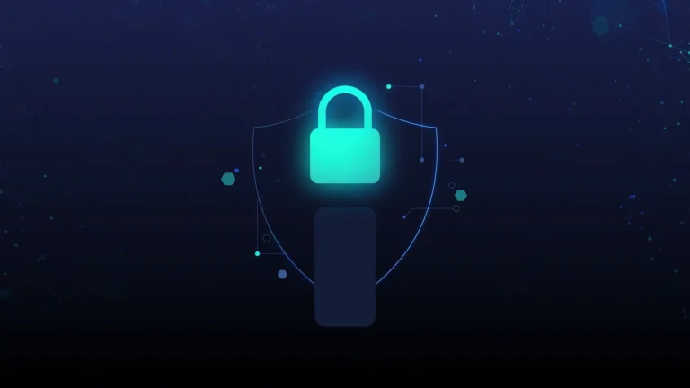 Dark navy illustration of a smartphone with a glowing padlock, representing the Android Secure Startup lock screen