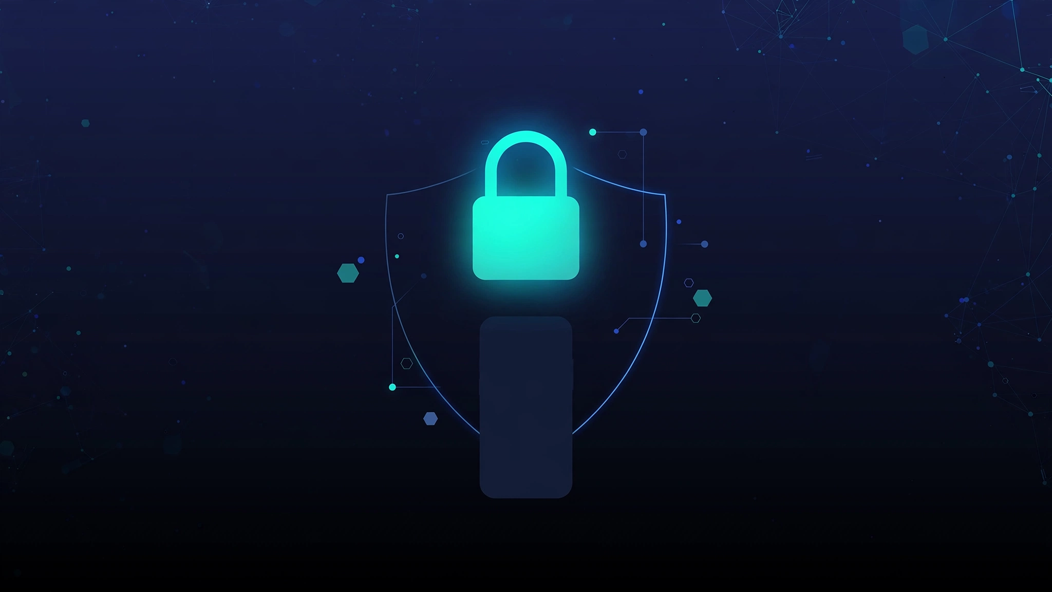 Dark navy illustration of a smartphone with a glowing padlock, representing the Android Secure Startup lock screen