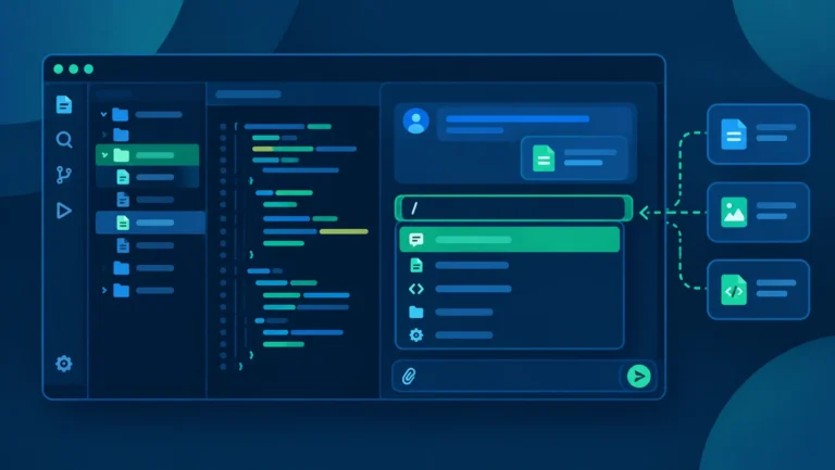 Illustration of a developer using slash commands and chat context in an AI coding assistant