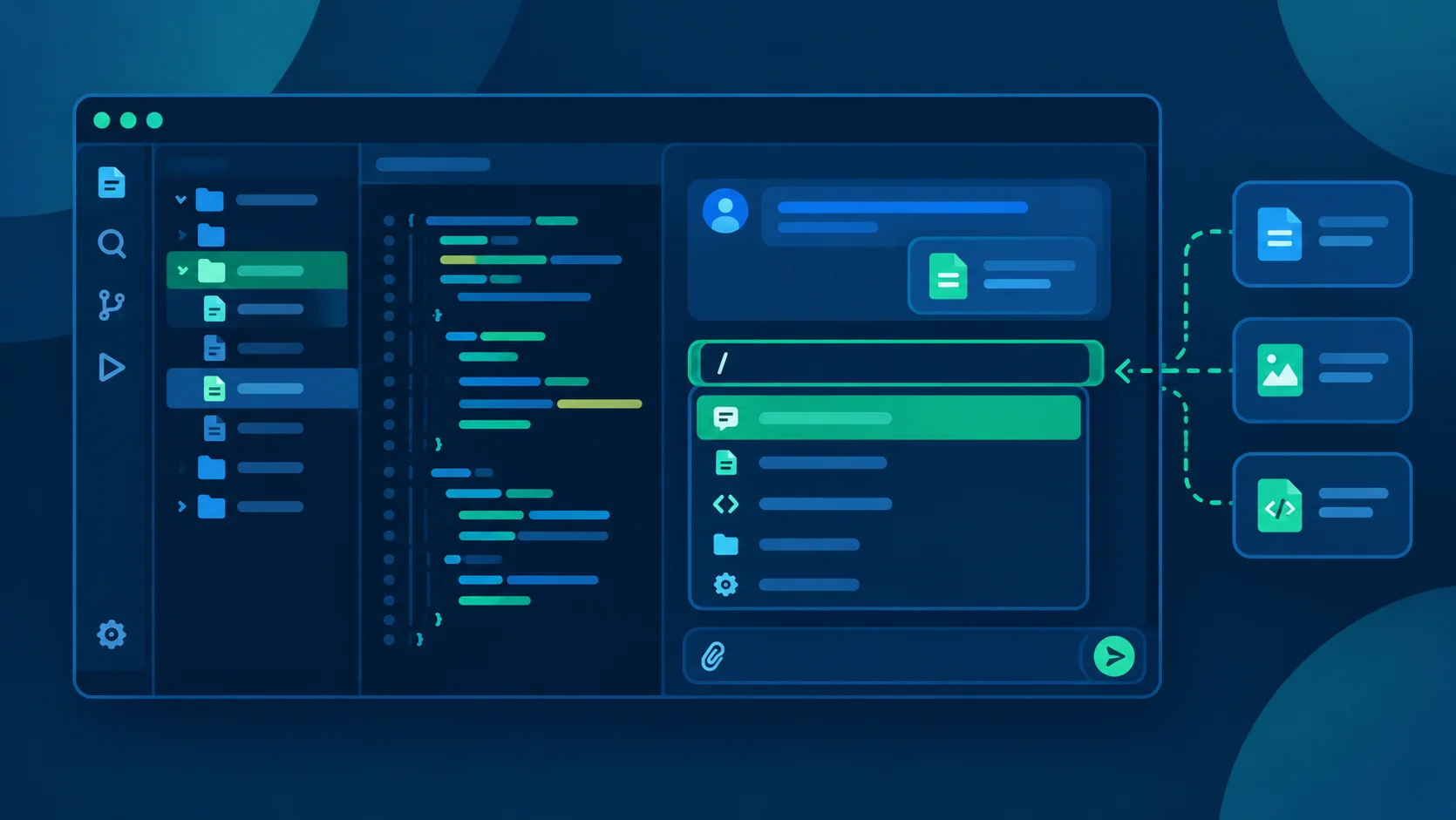 Illustration of a developer using slash commands and chat context in an AI coding assistant