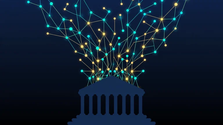 Dark navy illustration merging a government building silhouette with a glowing neural network, representing Jay Clayton's AI czar appointment