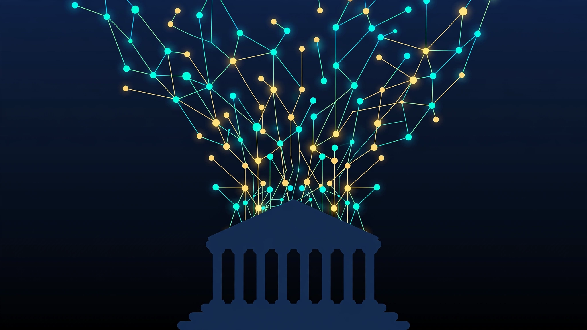 Dark navy illustration merging a government building silhouette with a glowing neural network, representing Jay Clayton's AI czar appointment