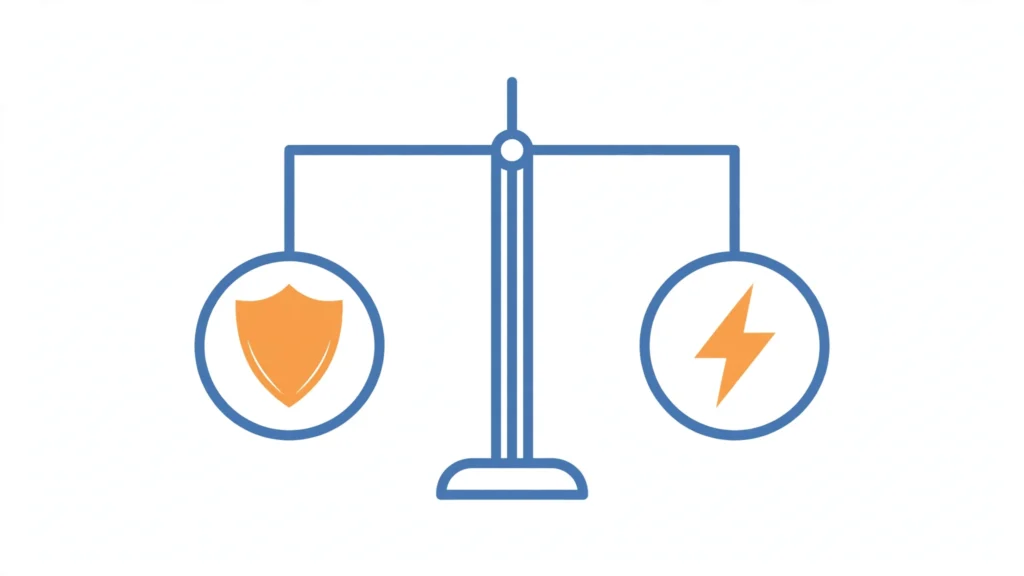 Balanced scale weighing a shield against a lightning bolt, representing the light-touch AI regulation philosophy
