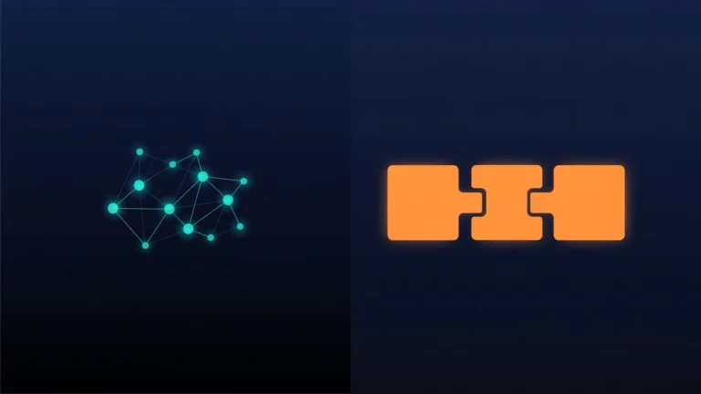 Split illustration on a dark navy background: a teal network of connected nodes on the left and three interlocking orange blocks on the right, representing LangGraph versus Atomic Agents