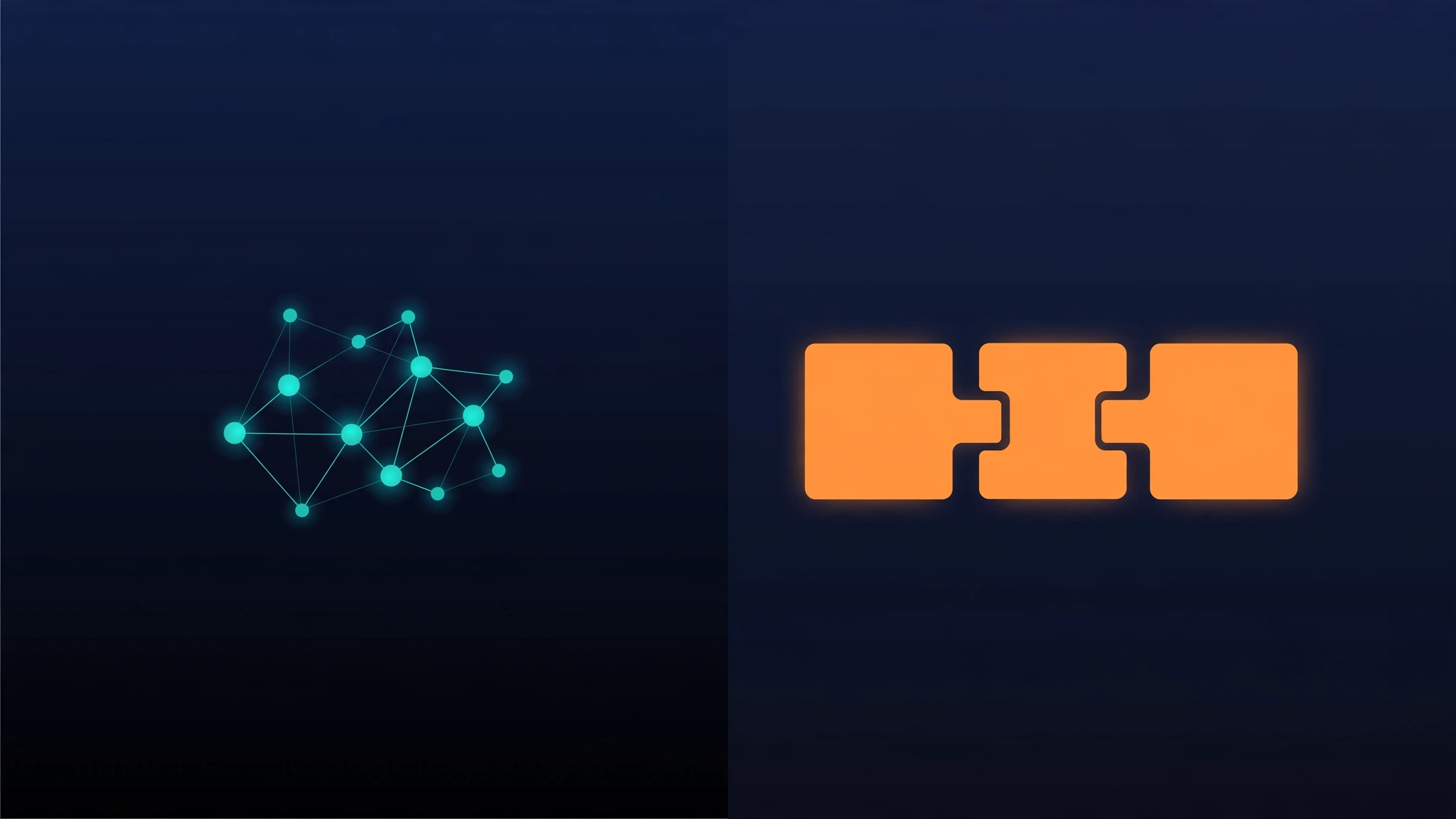 Split illustration on a dark navy background: a teal network of connected nodes on the left and three interlocking orange blocks on the right, representing LangGraph versus Atomic Agents