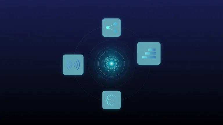 Dark navy illustration of a central glowing hub with four orbiting panels representing Manus AI's working modes