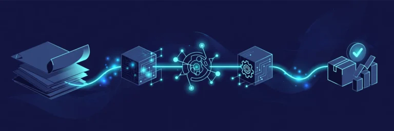 Abstract visualization of an end-to-end AI-automated business process flowing across systems