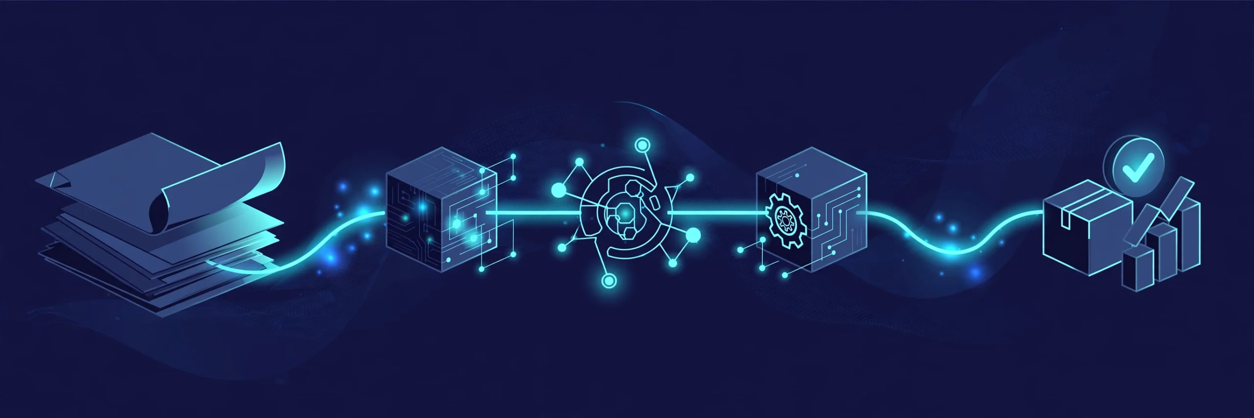 Abstract visualization of an end-to-end AI-automated business process flowing across systems