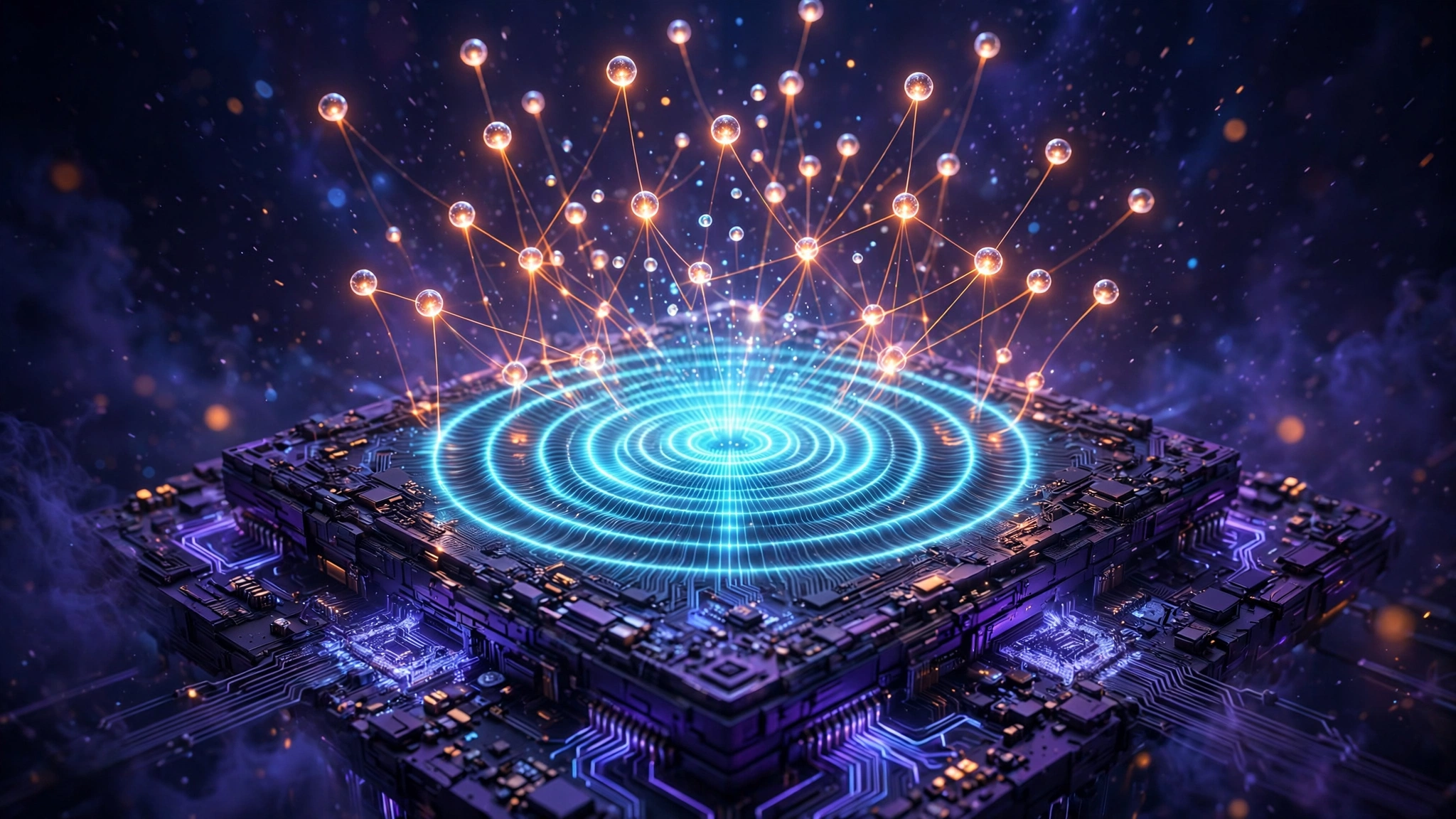 Cinematic 3D render of a quantum processor chip with a glowing qubit network rising above it