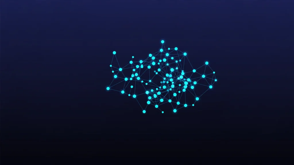 Abstract illustration of a glowing vector point cloud on a dark navy background, representing a vector database