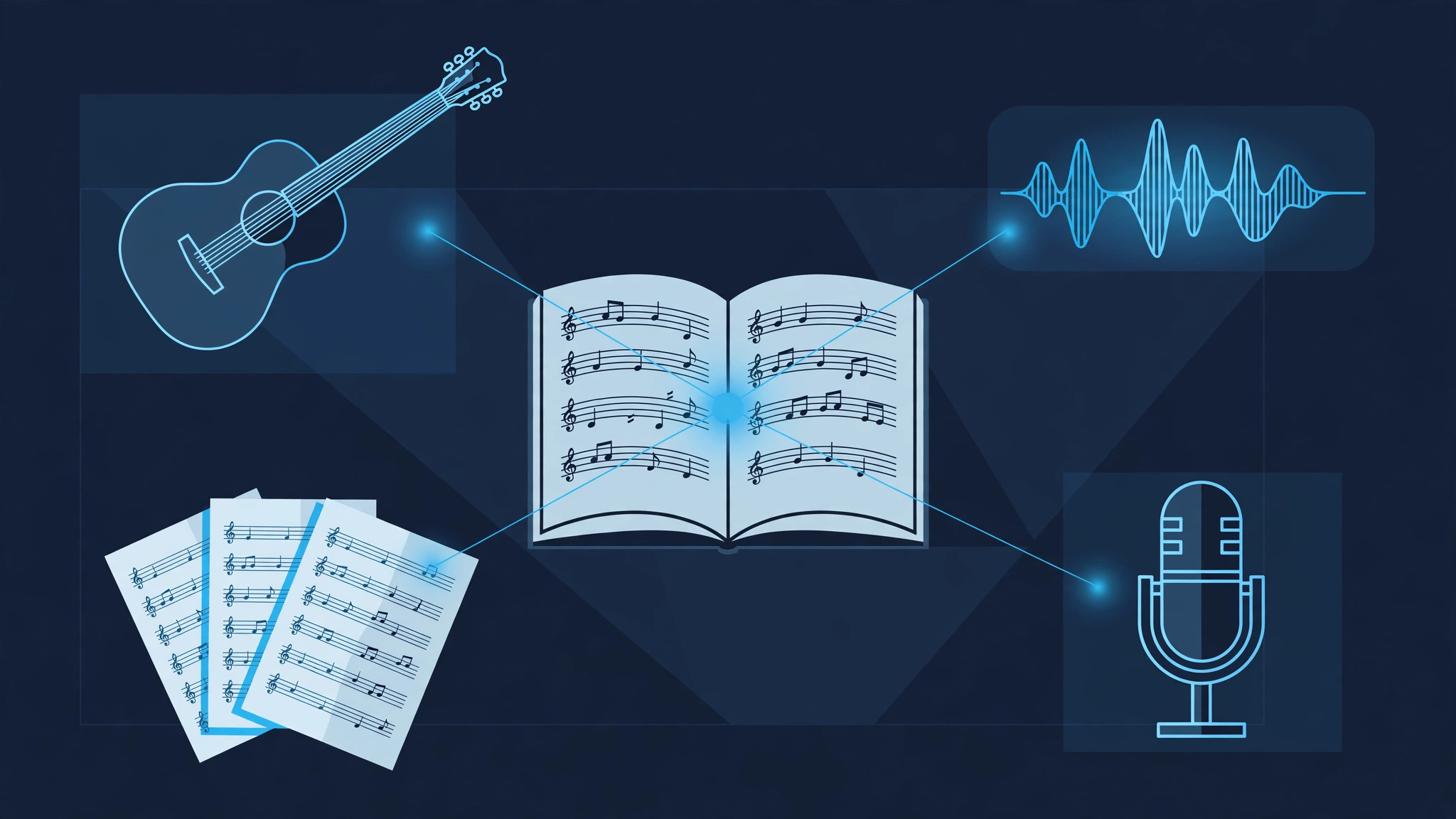 Muse Group's portfolio in one picture: MuseScore notation, Audacity audio, Ultimate Guitar and Hal Leonard publishing
